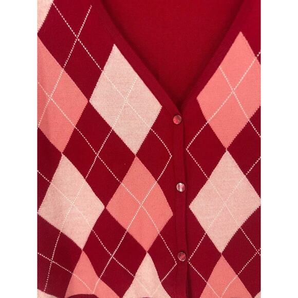 Talbots Sweater Vest Sz L Red Argyle Italian Merino Wool Button Academia Preppy - Picture 2 of 7